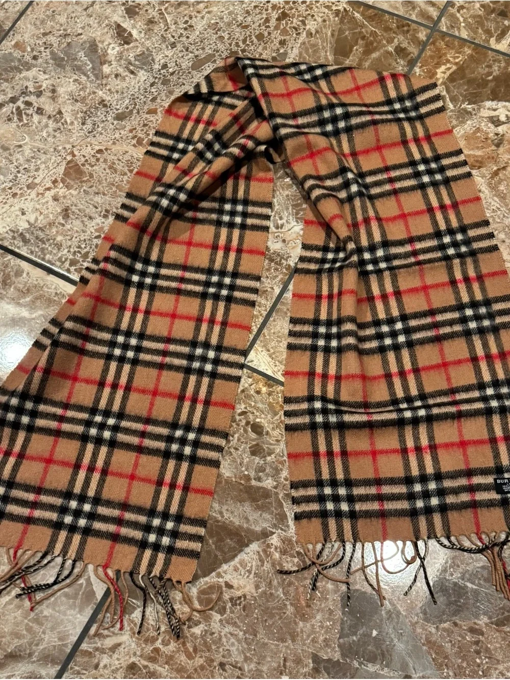 Burberry Beige Camel Check Wool Scarf with Black and Red Plaid